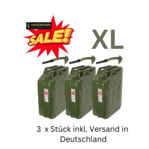 3 x HARDMANN Benzinkanister & Dieselkanister aus Metall | 20 Liter | 0,8 mm Stahl | Kraftstoffkanister | Reservekanister | mit UN-Zulassung | grün | 1 Kanister & 1 Ausgiesser